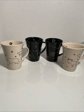 Set of 4 Oscardo Mugs-incised Designs Wolf, Bear, Moose and Inuksuk